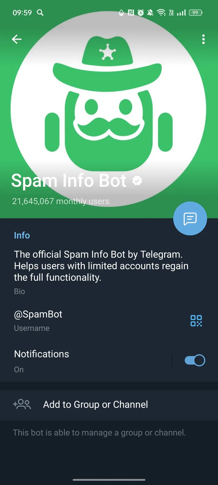 Как выглядит Spam Info Bot